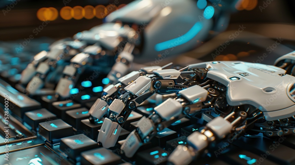 Poster Robotic hand typing on a keyboard, symbolizing AI development. Perfect for innovation and technology themes