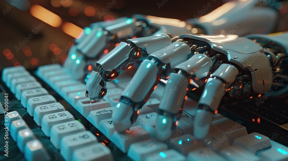 Fototapete Robotic hand typing on a keyboard, symbolizing AI development. Perfect for innovation and technology themes