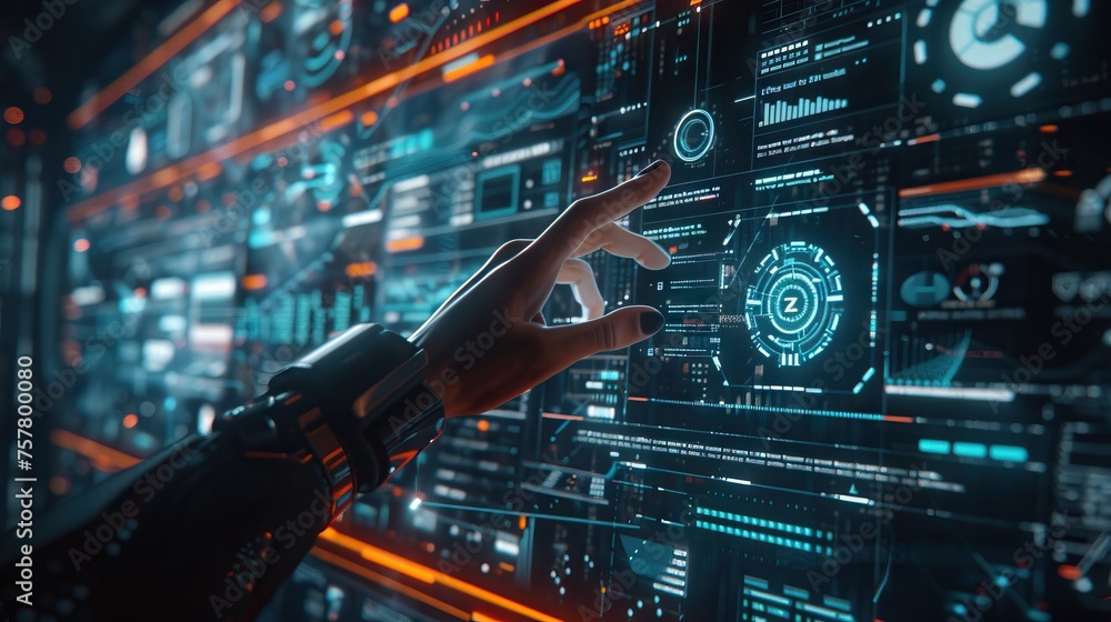 Poster Futuristic AI assistant hologram with detailed icons. Captures advanced tech assistance and user interaction
