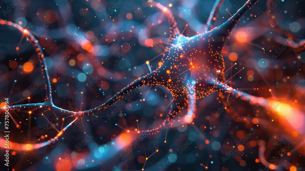 Poster Vibrant AI neuron network, showcasing machine learning. Perfect for themes of AI development and data flow
