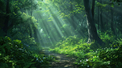 A magical pathway under a canopy of trees with sunlight streaming through, creating a peaceful and serene woodland scene