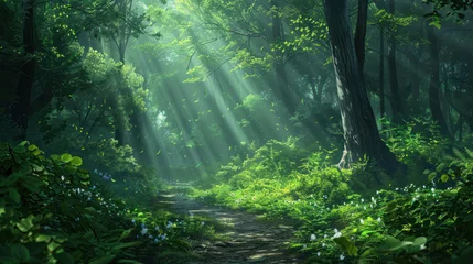 Tuinposter A magical pathway under a canopy of trees with sunlight streaming through, creating a peaceful and serene woodland scene © Oksana