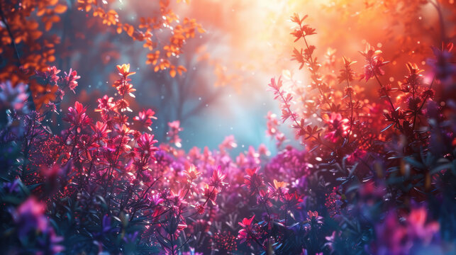 A mystical forest scene with flowers bathed in a warm, ethereal light creates a dreamlike tableau