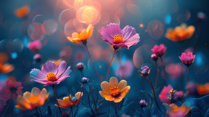 Close-up of colorful wildflowers against a backdrop of sparkling bokeh lights, exuding magic