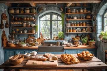 homemade freshly baked sourdough bread and pastries on a rustic cozy kitchen - obrazy, fototapety, plakaty