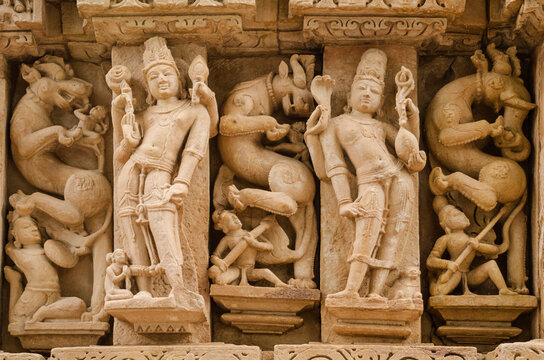 Stone carved sculpture on the outer wall of The Parshwanath temple, Adinath temple, Jain temple, Eastern group of temples, Khajuraho, Madhya Pradesh, India, Asia.