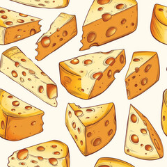 Illustrated Pattern of Various Yellow Cheese Pieces with Different Shapes and Sizes on a Light Background Seamless