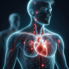 Male body anatomy with highlighted heart and circulatory system on dark background