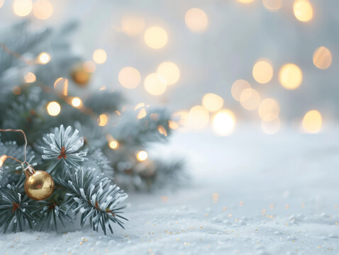 Festive Scene with a Snow-Covered Christmas Tree Branch and a Golden Ornament Against a Soft Glowing Light Background