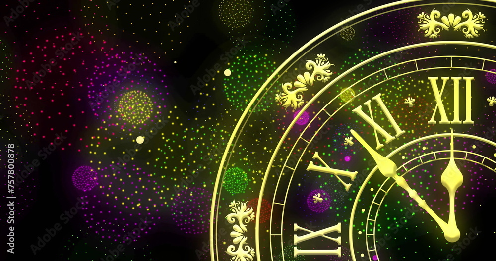 Poster image of clock showing midnight and fireworks exploding on black background