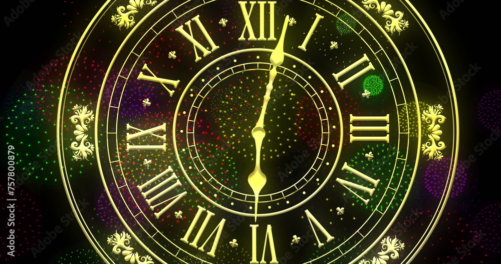 Poster image of clock showing midnight and fireworks exploding on black background