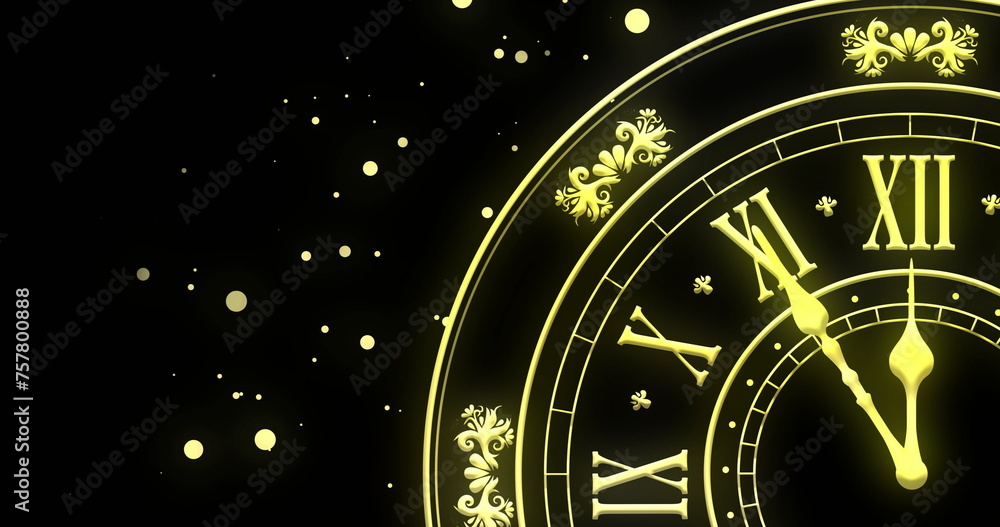 Poster image of clock showing midnight and fireworks exploding on black background