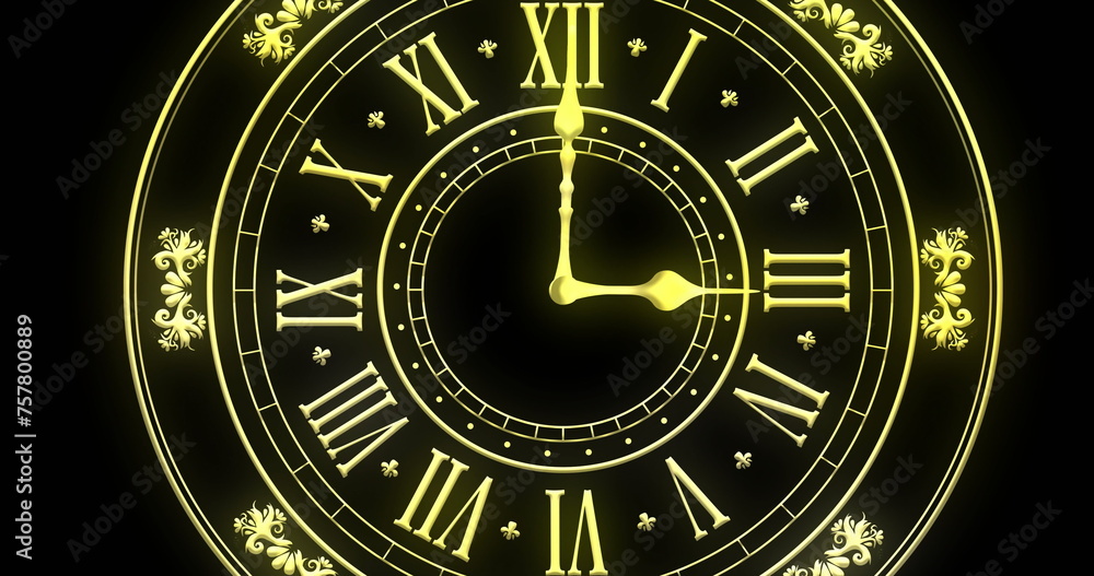 Poster image of clock showing midnight and fireworks exploding on black background