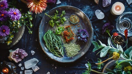 Mystical atmosphere, plate with herbs candles and crystals - obrazy, fototapety, plakaty