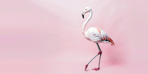 Elegant Flamingo Mid-Step Against a Soft Pink Background