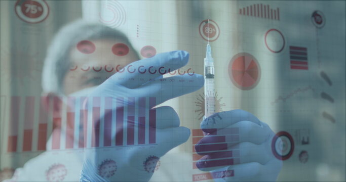 Image of digital interface showing statistics with masked male doctor preparing vaccine syringe