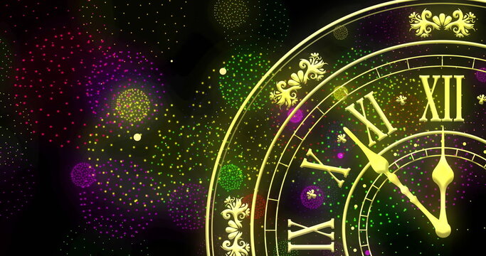 Image of clock showing midnight and fireworks exploding on black background