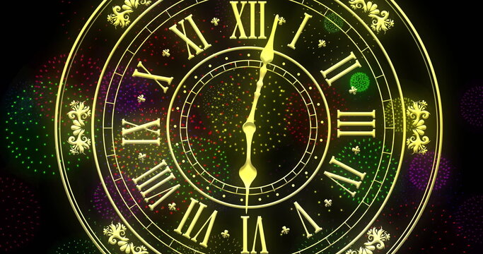Image of clock showing midnight and fireworks exploding on black background
