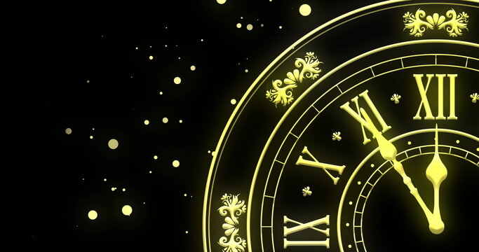 Image of clock showing midnight and fireworks exploding on black background