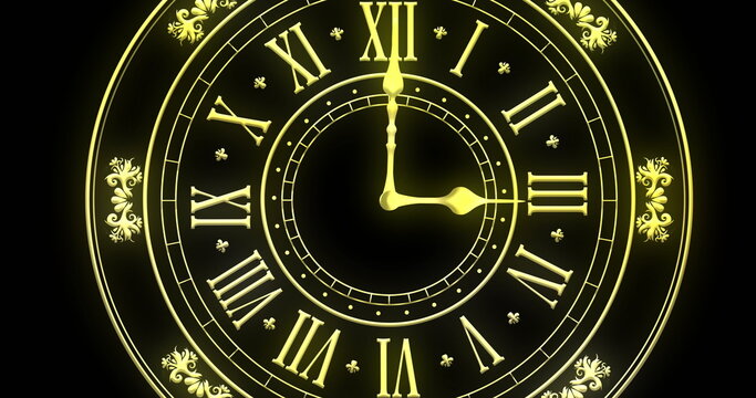 Image of clock showing midnight and fireworks exploding on black background