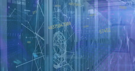 Image of changing numbers and network of connections against computer server room