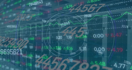 Image of numbers and financial data processing over computer servers