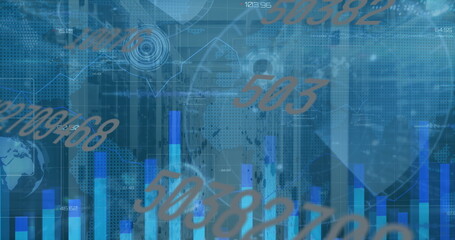 Image of data processing with graphs and charts on interface over computer server room