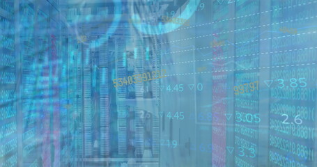Image of data processing with graphs and charts on interface over computer server room