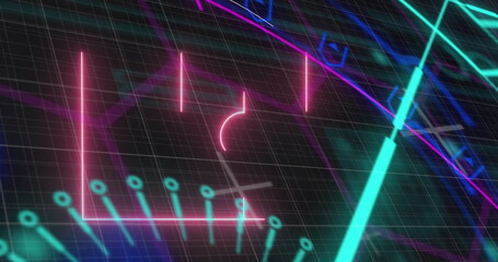 Image of numbers changing and data processing over grid on purple background