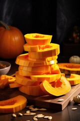 A pile of sliced pumpkins neatly arranged on top of a wooden cutting board