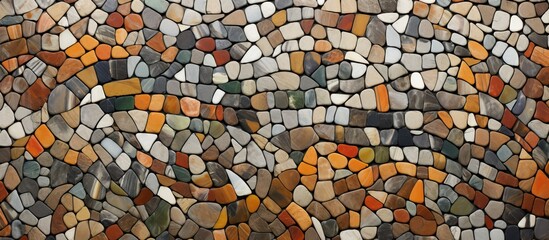 Detailed closeup of a stone mosaic portrait, showcasing intricate brickwork using various rocks and stones to create a stunning piece of art