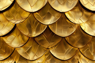 Golden Scale-Like Structures: Close-Up View of Overlapping, Reflective Surfaces Creating a Luxurious Pattern