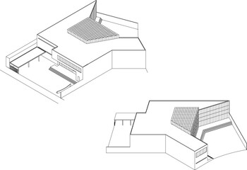 Vector detailed design sketch illustration of a modern minimalist building with glass dominant 