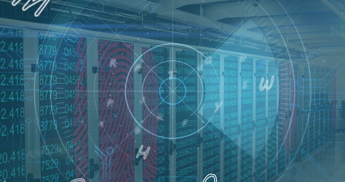 Image of fingerprint and scanner data processing over computer server room
