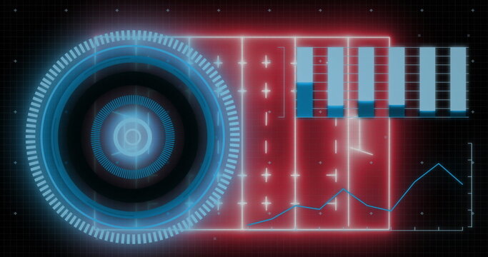 Digital image of neon round scanner against data processing on blue background