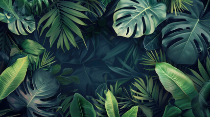 Green frame made of various leaves of tropical plants with copy space