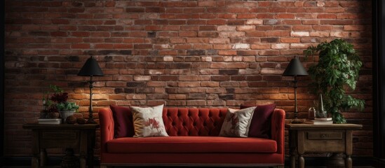 A vibrant living room featuring a red couch against a brick wall, complemented by wooden flooring and furniture like chairs and artworks