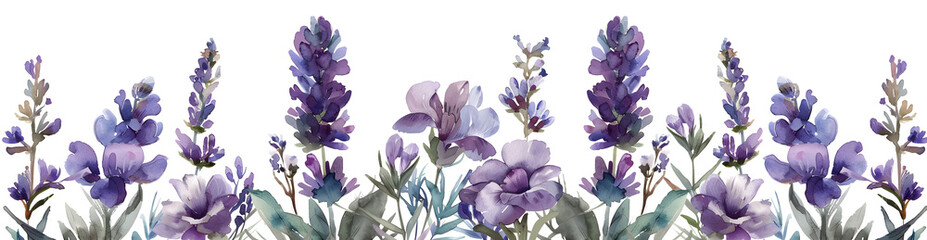 Seamless border of tender watercolor lavender flowers on white background, perfect for wedding invitations and stationery - obrazy, fototapety, plakaty