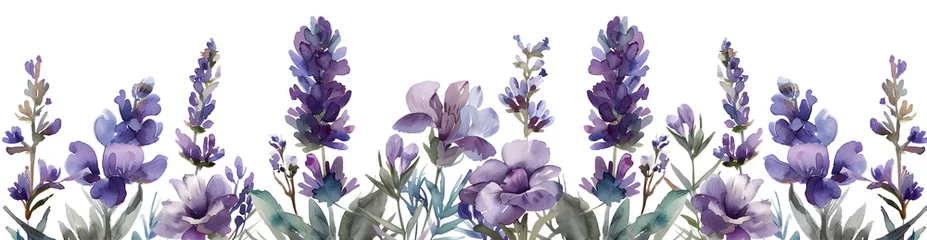 Foto op Aluminium Seamless border of tender watercolor lavender flowers on white background, perfect for wedding invitations and stationery © NE97