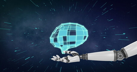 Fototapeta premium Image of robotic hand with brain with light trails on blue background