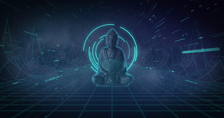 Image of buddha with scope scanning and shapes on black background