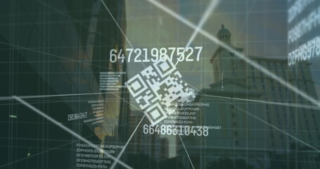 Image of qr code and numbers over cityscape