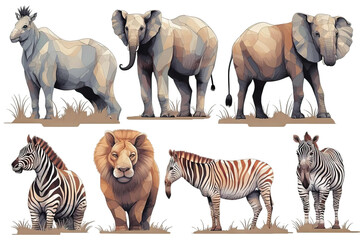 elephant style illustration zebra giraffe 3d hippopotamus Isolated Set rhinoceros vector lion