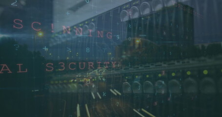 Image of cyberattack warning and servers over cityscape