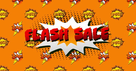 Flash Sale promo with "Pow!" & "Zap!" on retro comic bubbles, orange background.