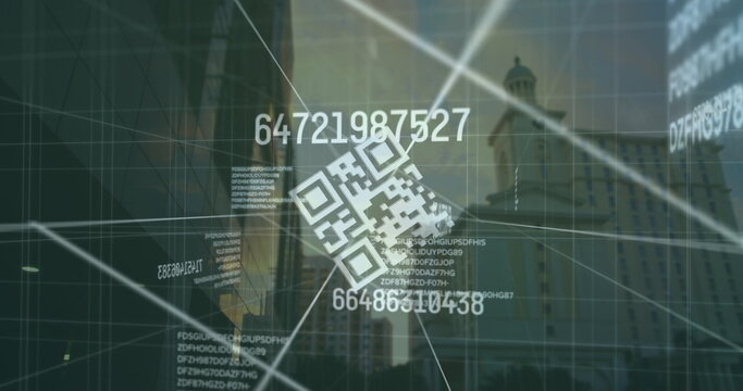 Image of qr code and numbers over cityscape - Powered by Adobe