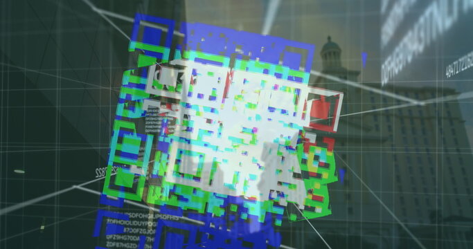 Image of qr code and numbers over cityscape