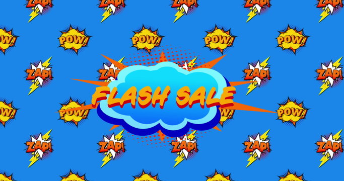 Flash Sale ad with "Pow!" and "Zap!" on retro comic bubbles, digital vintage concept.