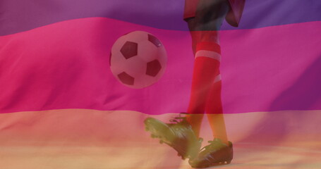 Image of african american male soccer player over flag of germany