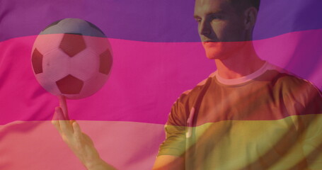 Image of caucasian male soccer player over flag of germany
